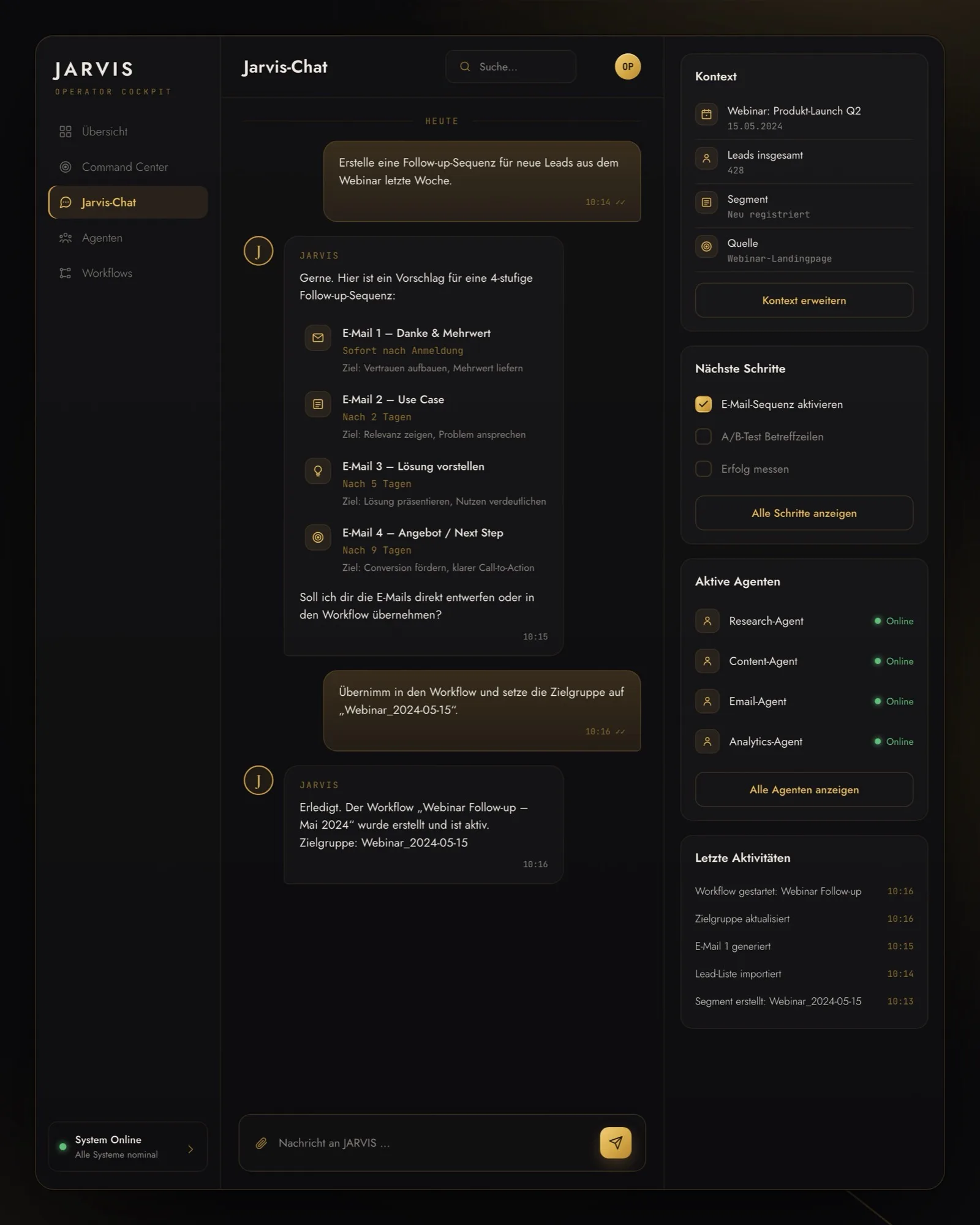 Jarvis-Chat: Jarvis baut eine 4-stufige Follow-up-Sequenz, übernimmt sie in einen Workflow und steuert dabei Research-, Content-, E-Mail- und Analytics-Agent