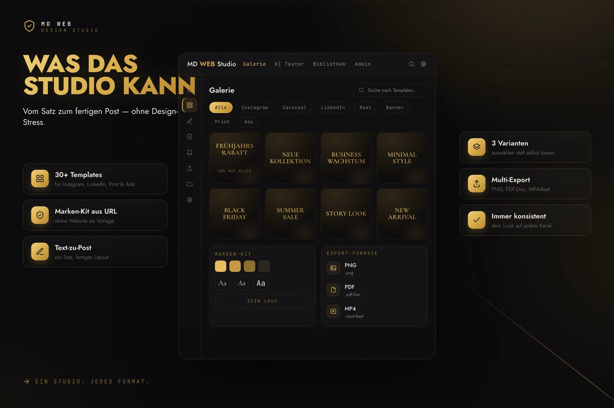 Was das Design Studio kann — Template-Galerie, KI-Texter, Marken-Kit, Bibliothek, Export-Center und Admin