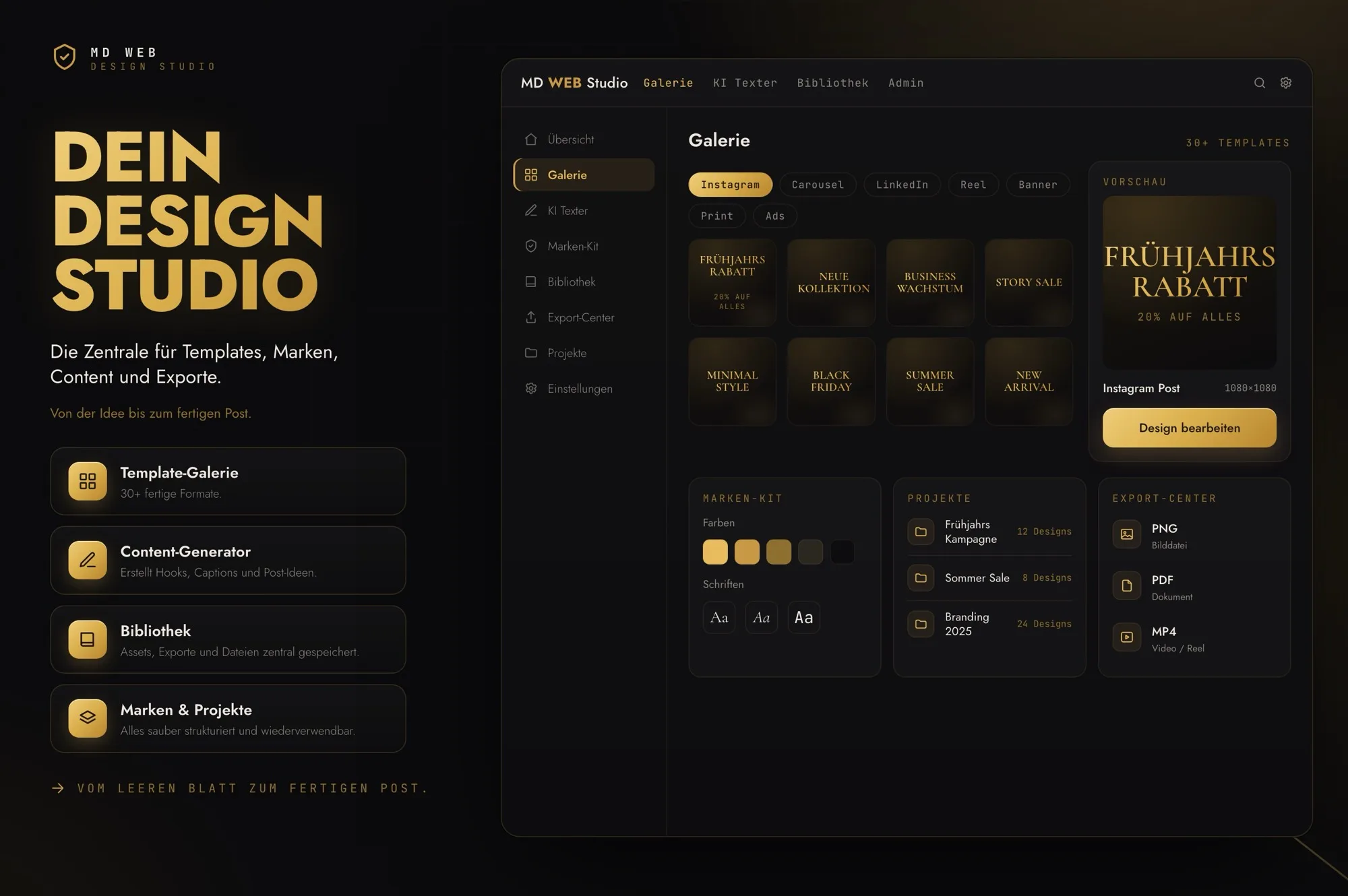Dein Design Studio — Galerie, Content-Generator, Bibliothek und Marken an einem Ort